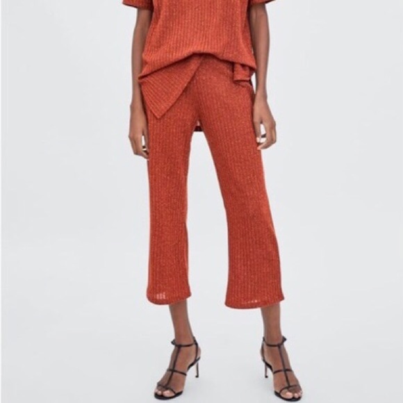 Zara Trafaluc Ribbed Cropped Wide leg Pull On Pants Leggings Rust Orange Small - Picture 1 of 6